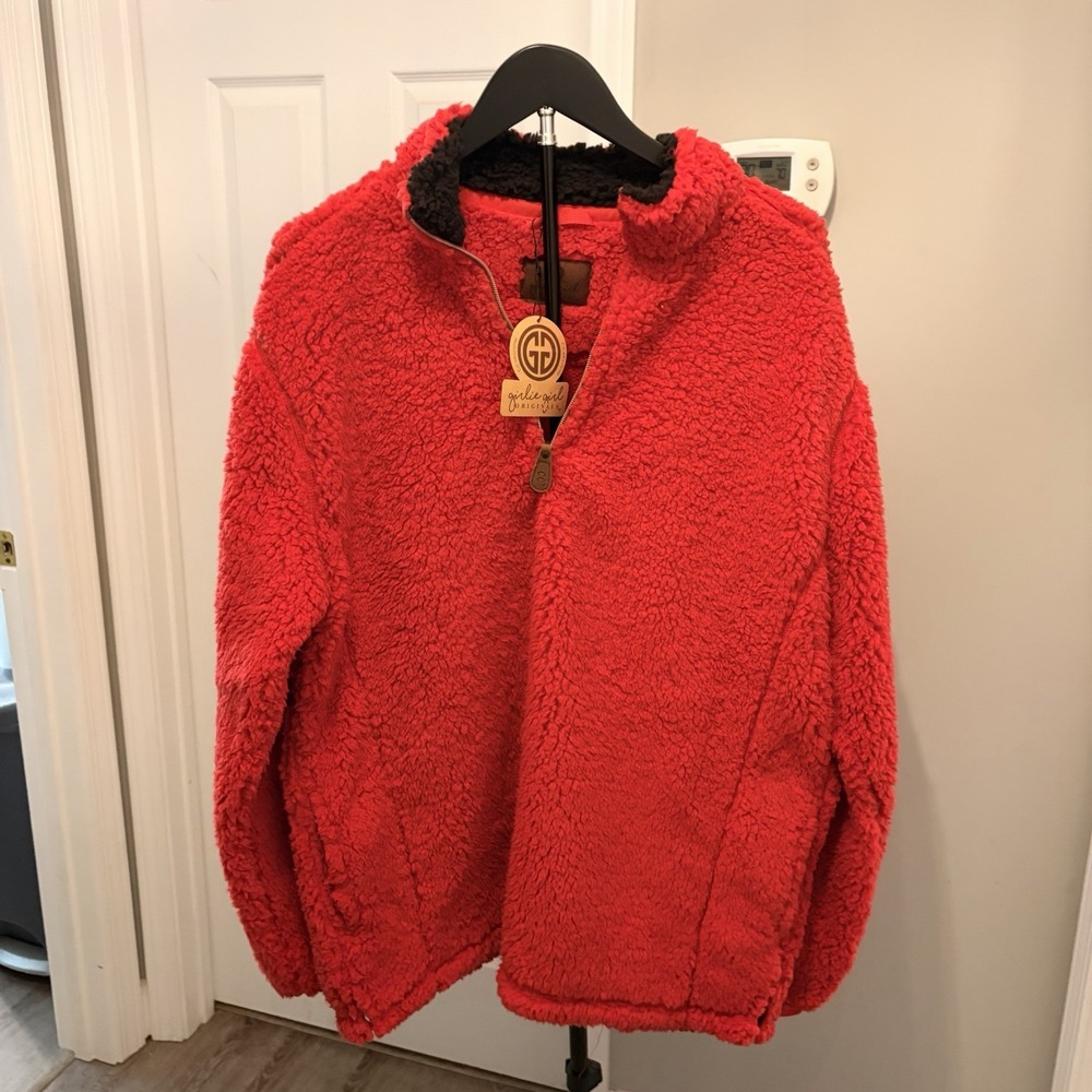 NWT Girlie Girl Originals C.C. Large Red Sherpa 1/4 Zip Pullover Teddy Bear